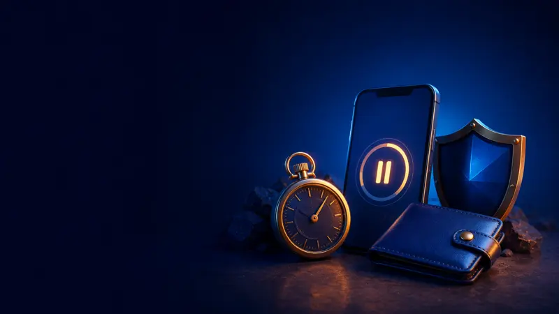 Telefon z pauzą, zegar, portfel i tarcza